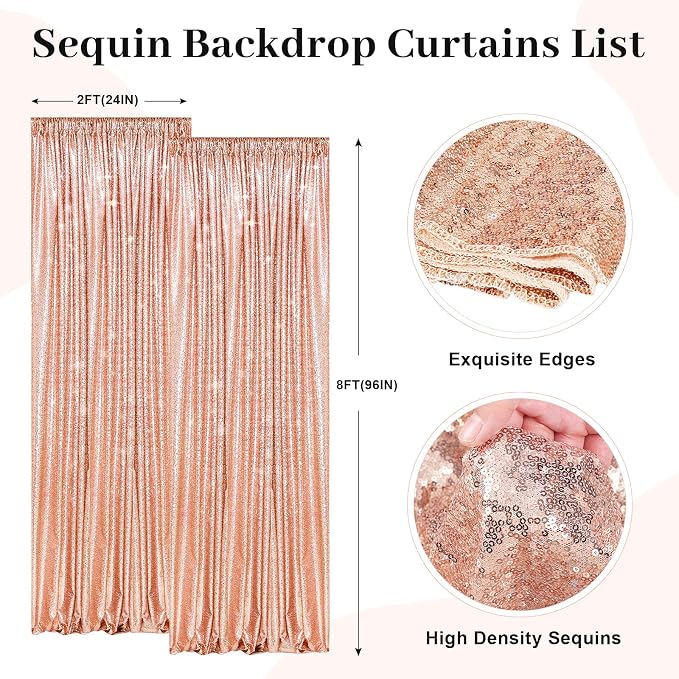 PartyDelight Rose Gold Sequin Backdrop Curtains 2x8ft 2 Panels | 3mm stitched sequin curtain with 4 inch rod pocket for 2x8ft 2 panel doorway window side drape narrow photo booth strip
