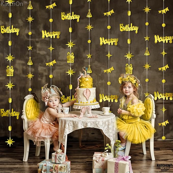KatchOn, Gold Happy Birthday Garland Banner - 6.5 Feet, Pack of 8 No DIY | Gold Garland Birthday Decorations | Happy Bday Backdrop | Bday Decorations for Women