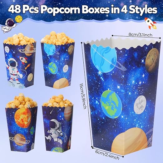 Honoson 48 Pcs Outer Space Popcorn Boxes 6 x 2.4 Inches Planet Galaxy Astronaut Popcorn Bucket Container Disposable Paper Food Trays Space Birthday Decorations for Movie Night Birthday Party Supplies