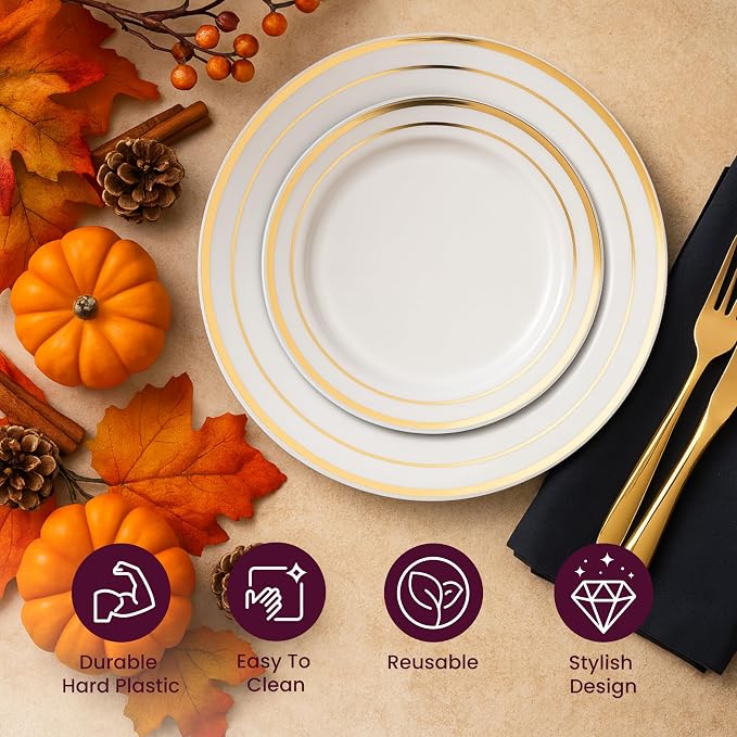 Aya's Cutlery Kingdom 100 White and Gold Plastic Plates for Thanksgiving Dinner - Fancy Plate for Party - 50 (10") Dinner and 50 (7.5") Salad Plates - Heavy Duty, Elegant Disposable Tableware Set