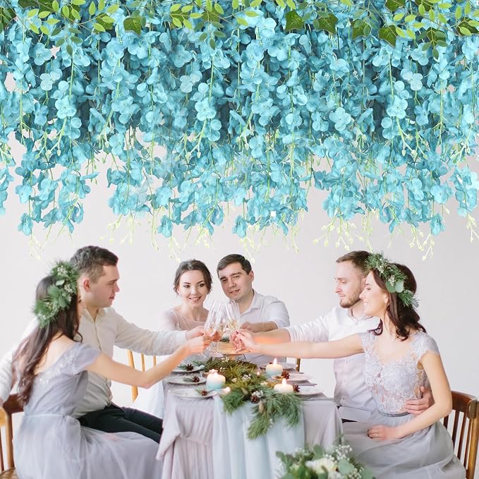LELEE 25 Pcs Artificial Wisteria Hanging Flowers 3.6ft Light Blue Fake Hanging Flowers Garland Silk Flowers Rattan String Faux Wisteria Vine for Wall Home Wedding Party Arch Greenery Backdrop Decor
