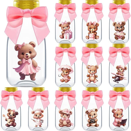 Ethisa Small 12 Pack We Can Bearly Wait Party Favors for Girl - Candy Jars with Ribbon and Stickers - DIY Party Decoration Bottles for Baby Shower and Gender Reveal - Pink Teddy Bear Table Centerpiece