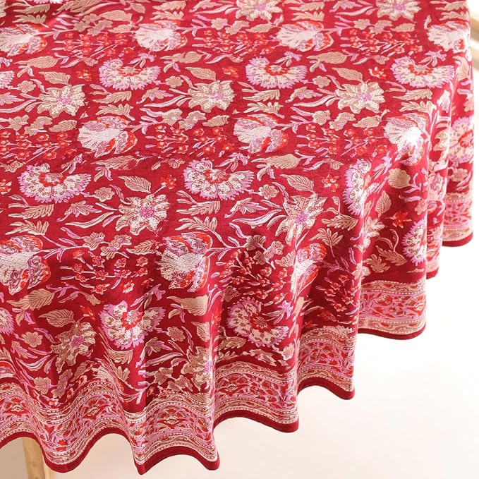 Hand Block Printed Tablecloth, Cherry Red, 108 Inches Round, Colorful Floral Print | 100% Cotton | Indian Artisan Handmade Art | Dining Room, Kitchen, Outdoor Décor