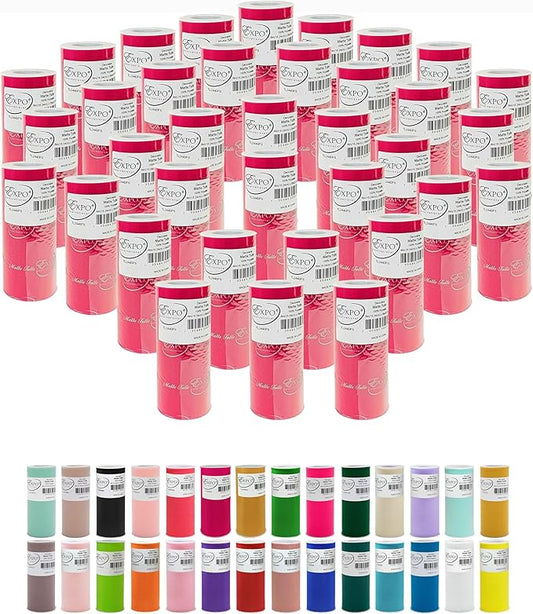 Expo International Decorative Matte Tulle, Lightweight Polyester Tulle Fabric for Tutus, Costumes, and Party Decorations, Washable, Easy-to-Use, 6 Inch x 25 Yards, Fuchsia, Pack of 36
