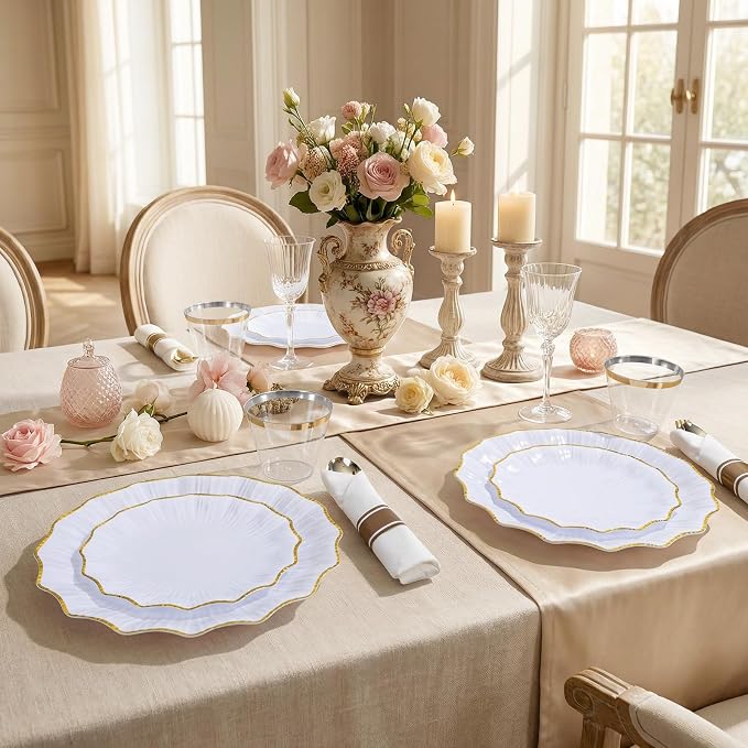 U-QE 175PCS Gold Plastic Plates - Disposable Dinnerware Set for 50 Guests - White and Gold Plates and Napkins Party Supplies include 50 Plates, 25 Per Rolled Napkins with Gold Cutlery, 25 Cups