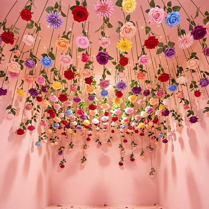 Lyrow 120 Pack Artificial Flower Hanging Flowers Ornament Floating Garland Ceiling Strings for Wedding Anniversary Engagement Marriage Proposal Floral Birthday Party Decor (Rose,Colorful)