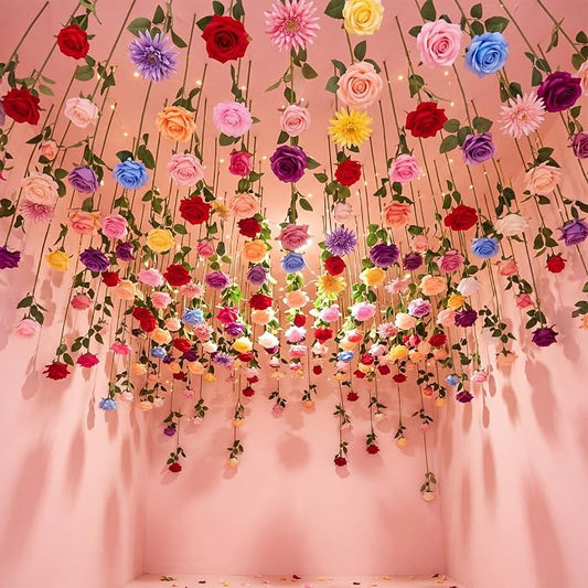 Lyrow 120 Pack Artificial Flower Hanging Flowers Ornament Floating Garland Ceiling Strings for Wedding Anniversary Engagement Marriage Proposal Floral Birthday Party Decor (Rose,Colorful)
