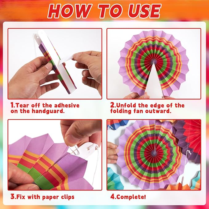 SUNBEAUTY 9 Pcs Colorful Mexican Fiesta Hanging Paper Fans Decorations Paper Fans for Cinco de Mayo Decorations Flower Hanging Mexican Theme Party Decor for Taco Nights Fiesta Party Carnivals