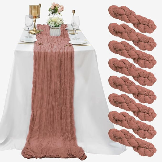 8 Pack Dusty Blush Cheesecloth Table Runner 10Ft Gauze Cheese Cloth Table Runner 35x120 Inch Romantic Boho Table Runners for Wedding Birthday Party Bridal Baby Shower Engagement Summer Home Decoration