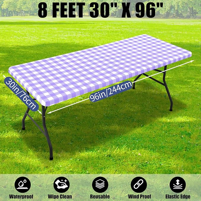 Smiry Picnic Table Cloth 4 Pack, Waterproof Elastic Fitted Tablecloths for 8FT Rectangle Tables, Washable Polyester Buffalo Plaid Tablecloth for Camping, Dining & Outdoor (Purple & White, 30" x 96")