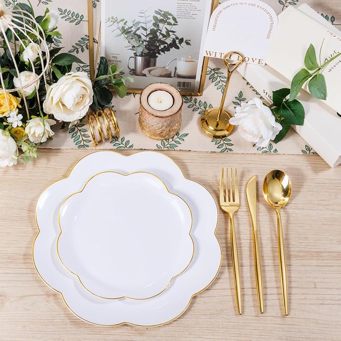 ejonirinjonir EI 180pcs White Plastic Plates with Gold Plastic Silverware,Heavy-Duty Disposable Plates for Party,White Dinnerware Set for 30 Guest Wedding,Birthday,Spring Afternoon Tea