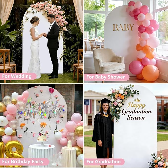 Metal Arch Backdrop Stand and Cover Set, 7.2FT Gold Wedding Backdrop Arch Frame Stand with Cover, Balloon Arch Stand with White Arch Cover for Party Birthday Baby Shower Graduation Decorations