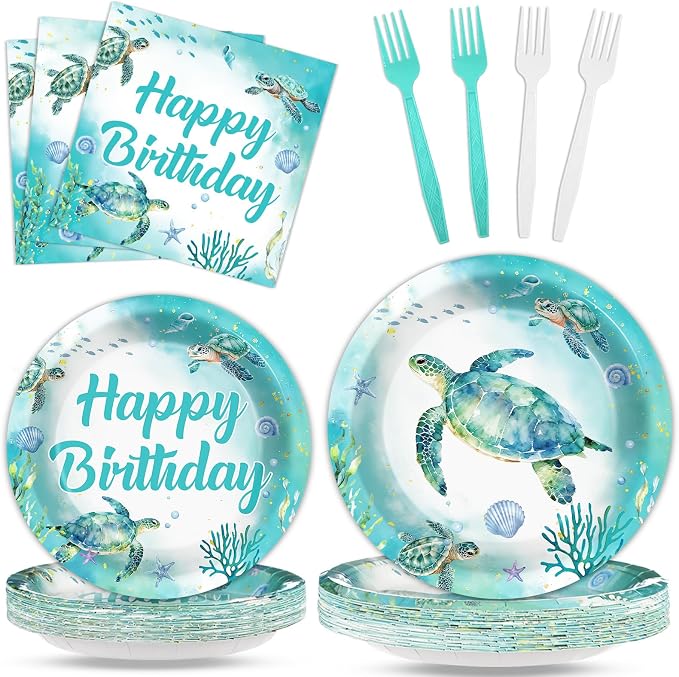 96Pcs Ocean Turtle Birthday Party Decorations Ocean Sea Party Tableware Turtles Paper Disposable Plates Napkins Under the Sea Animal Supplies for Pool Beach Underwater Birthday Decor Serves 24 Guests