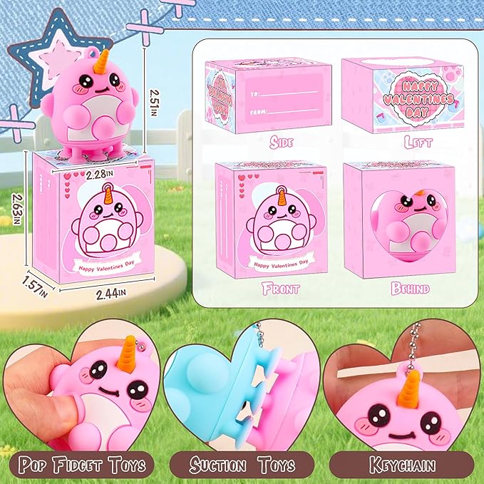 ChildFun Valentines Day Gifts for Kids, 24 PCS Prefiled Valentines Box with 3D Animal Pop Suction Toys, Valentines Party Favors for Class, School Classroom Valentines Gifts for Boys Girls Toddlers