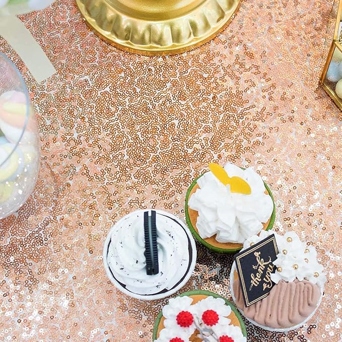 Sequin Tablecloth for Parties 132 Inch - Sparkle Glitter Cloth Round Table Cover Overlay for Wedding Baby Shower Ceremony Birthday Cake Table Holiday Banquet Decoration(Rose Gold)