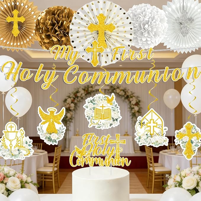 Rakuto First Communion Party Decorations, 13PCS Primera Comunion Decoracion Set with Banners Hanging Swirls Paper Fans Decoration, First Holy Baptism Cake Toppers and Paper Pom Poms Decor Supplies