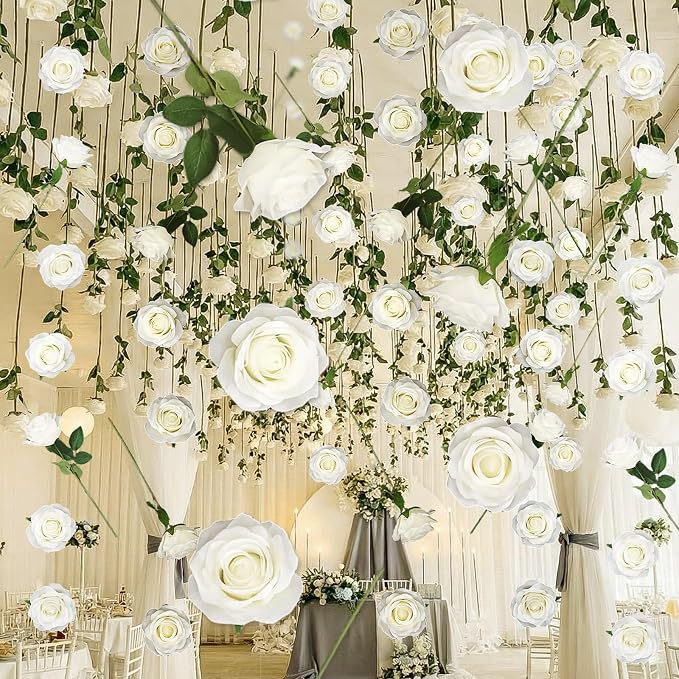 Suncalla 40 Pcs Artificial Rose Flower Hanging Decorations Set DIY Hanging Fake Roses Garlands with Hooks Wedding Party Decorations for Anniversary Background Themed Party(Cream White)