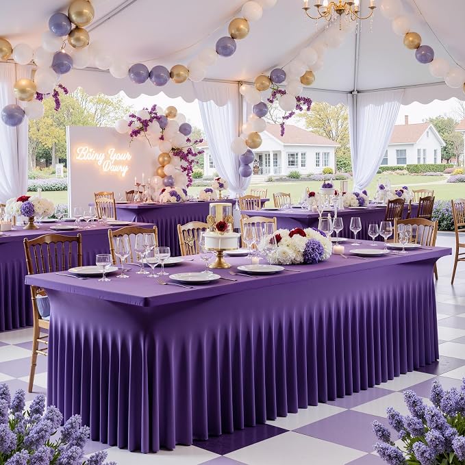 Outpain Deep Purple Spandex Table Clothes for 6 Foot Rectangle Tables-6Pack 6FT Spandex Fitted Table Cover, Wrinkle Free Tablecloths with Skirt for Parties, Wedding, Birthday, Banquet, Festival