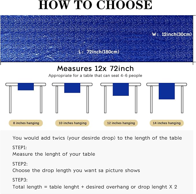 2 Packs 12 x 72 inches Sequin Table Runner, Royal Blue Glitter Table Runner for Birthday Party Supplies Wedding Engagement Baby Shower Holiday Celebration Event Decorations