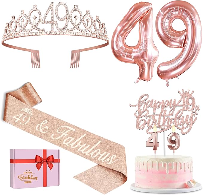 49th Birthday Decorations for Women with 49th Birthday Sash and Tiara, Cake Topper and Candles, Number Balloons, 49 Year Old Gifts for Women