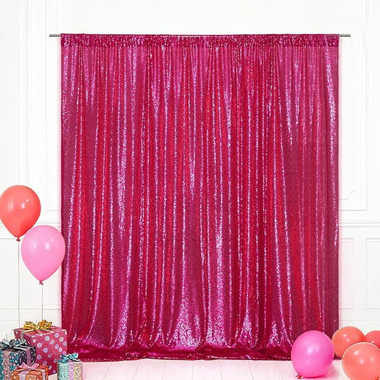 Eternal Beauty Hot Pink Sequin Backdrop, 8x8 Ft Glitter Background Curtains for Mother's Day Shimmer Photography Party Wedding Birthday Back Drop Decor