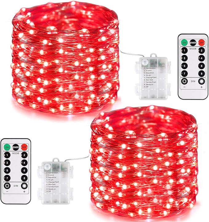 JMEXSUSS 2 Pack Red Fairy Lights Battery Operated, Total 400 LED 132ft Red Halloween Lights with Remote, 8 Modes Twinkle String Lights for Halloween Bedroom Wreath Tree Xmas Indoor Outdoor Decor
