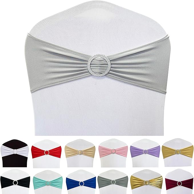 Spandex Chair Sashes Bands 50PCS Stretch Chair Ties Bows with Buckle Slider for Wedding Party Banquet Decoration (Silver)