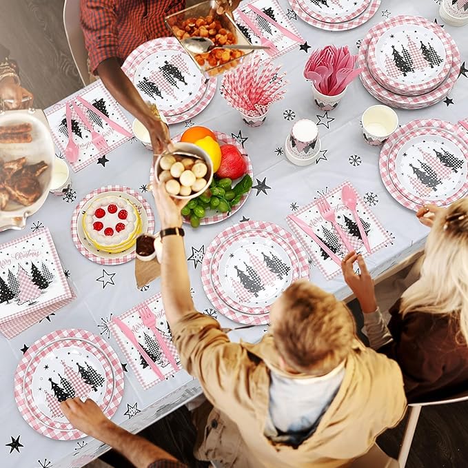 Funnymoom 452 Pcs Pink Christmas Party Decoration for 50, Buffalo Plaid Gingham Pink Xmas Tree Paper Plates Napkins Cups Tablecloth Cutlery Straws for Friendsmas Holiday Baby Shower Party Supplies
