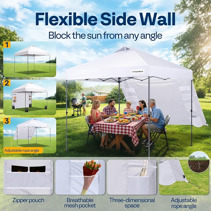 VIVOHOME 10x10ft Pop Up Canopy Tent with Sidewall and 6 Pockets, One Push Setup Outdoor Portable Shelter Tent Heavy Duty with Wheel Carry Bag and 4 Sandbags, White
