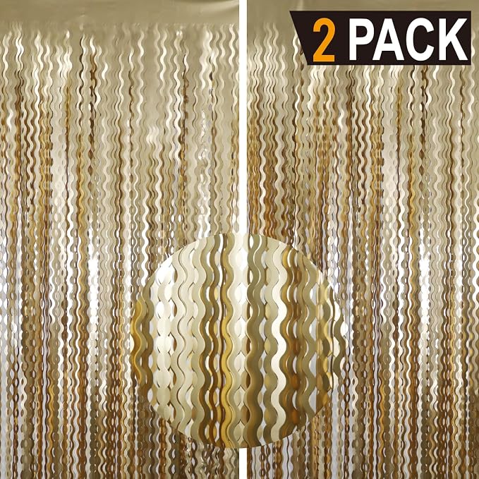 GOER Metallic Tinsel Foil Fringe Curtains Party Photo Backdrop Party Streamers for Birthday,Graduation,New Year Eve Decorations Wedding Decor (Champagne Gold,2 Packs)