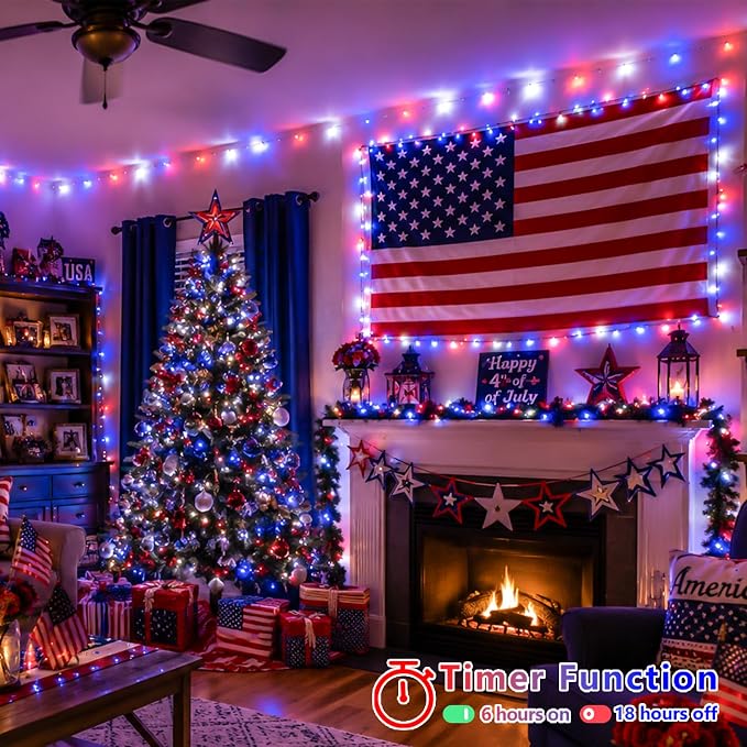 YEGUO Red White and Blue Lights Battery Operated, 2 Pack Each 33ft 100 LED 4th of July Lights Outdoor Waterproof, 8 Modes Clear Wire Fairy Light Indoor with Remote for Memorial Day Patriotic Decor