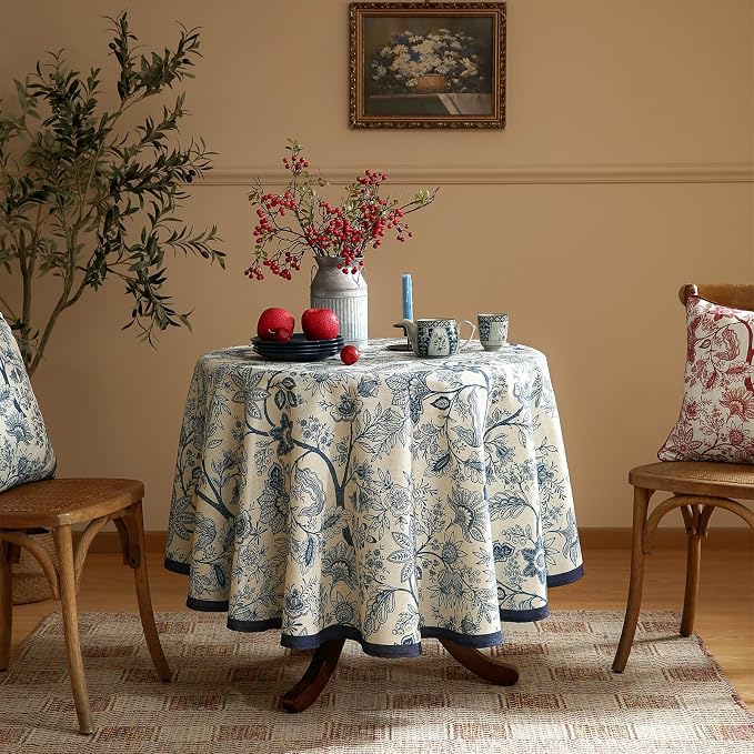 ISAENNE Designer Vintage Linen Round Tablecloth,Diameter 67"-Ruyi B | French Elegant Table Cloth for Round Table,Blue Floral Pattern,Durable,Heavyweight,Dining Room,Kitchen,Thanksgiving,Decor