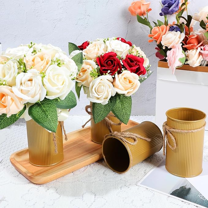 Rustic Vase for Table Centerpieces 4.33 Inch Small Petite Flower Vase with Twine Bow Vintage Farmhouse Decor for Wedding Reception Dining, Home Galvanized Metal Buckets(Gold,24 Pcs)