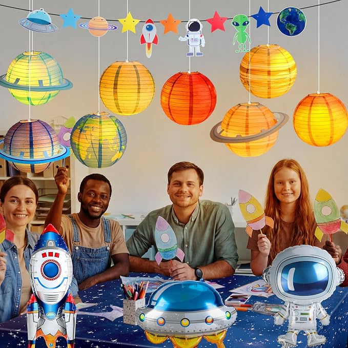 Sotiff 16 Pcs Outer Space Birthday Themed Party Decorations Supplies Includes Space Tablecloth Planet Paper Lanterns Plastic Universe Garland Astronaut Ufo Rocket Balloon for Star System