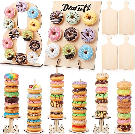 Lallisa 12 Pcs Wooden Donut Stand Set Number 8 Donut Display Stand 1 Doughnut Wall Display 4 Mini Charcuterie Boards 6 Doughnut Holder Tower for Dessert Table Birthday Wedding Baby Shower Party Deocr