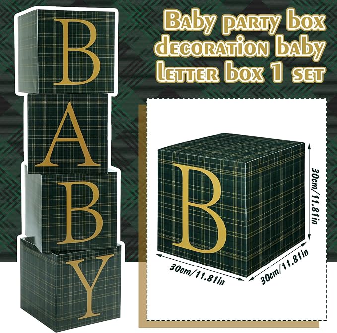 Vicenpal Blue Green Tartan Plaid Baby Shower Boxes with Letters for Baby Shower Decorations Bear Themed Gender Reveal Decoration Photo Prop & Forest Animal Nursery Decor Set of 4 Birthday Party Favors
