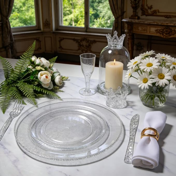 I00000 144Pcs Silver Glitter Dessert Plates Set, Includes 72Pcs Plastic Dessert Plates 7.5",72Pcs Silver Forks 7.4", Plastic Salad Plates for Birthday, Wedding & Party