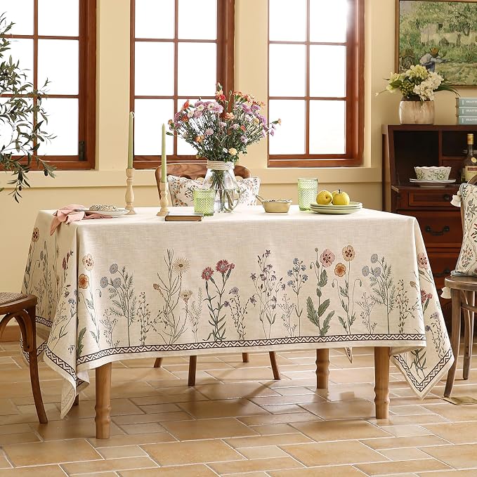 ISAENNE Designer Linen Rectangular Tablecloth,102"x63"-Serenity G | Vintage Elegant French Table Cloth Rectangle Table,Light Beige,Decor,Heavyweight,Dining,Tea Party,Kitchen,Thanksgiving