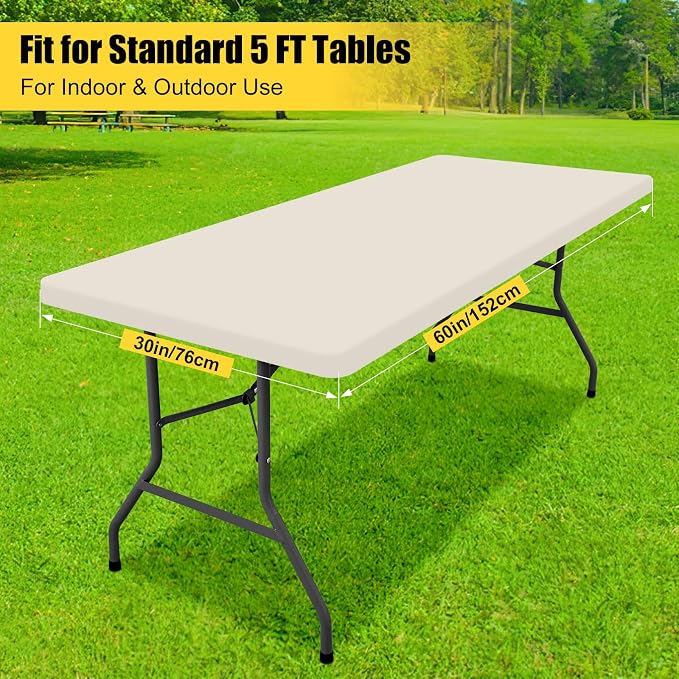 Smiry 3 Pack Rectangle Table Cloth, Elastic Fitted Flannel Backed Vinyl Tablecloths for 5ft Folding Tables, Waterproof Wipeable Table Covers for Indoor, Outdoor, Camping and Picnic (Beige, 30"x60")