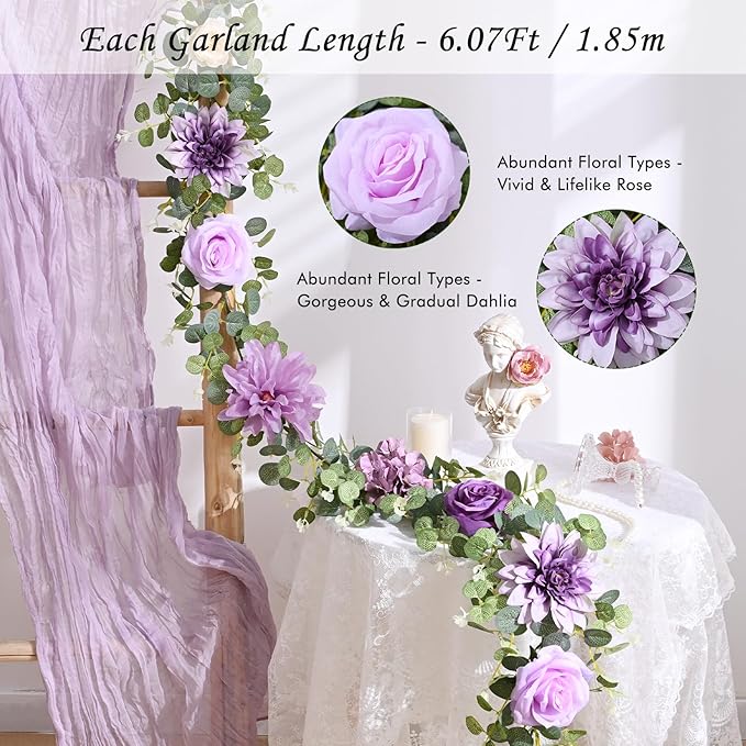 Waipfaru 2 Pcs Flower Garland, 6Ft Eucalyptus Garland with Flowers, Rose Floral Vines for Wedding Reception Table Mantle Room Spring Summer Decor (Purple)