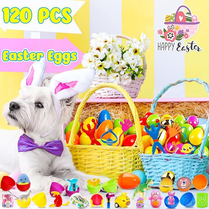 Adisher [ 6 Surprise Golden Eggs ] 120Pcs Prefilled Easter Egg with Assorted Toys, Plastic Easter Eggs Fillers for Kids, Basket Stuffers,Egg Hunt Party Favors Classroom Prizes Supplies for Boys Girls