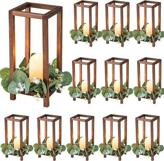 Geelin 12 Set Wooden Wedding Lantern Centerpiece Decor Baptism Lantern Candle Holder for Table Centerpiece Wedding Party Baby Shower Home Country Porch Patio Decor(12.99'',Wood Color)