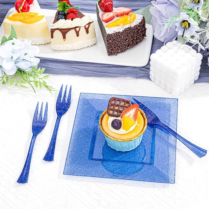 DaYammi 100Pcs Blue Dessert Plates 6" with Forks 5.7"- Small Disposable Dessert Plates- Serve 50 Guests include 50 Cake plates,50 Plastic Forks for Party,Disposable Appetizer plates for Wedding
