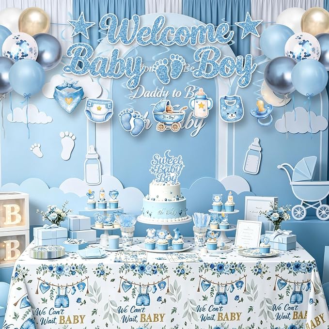 Blue Baby Boy Shower Decorations - Plates, Napkins, Cups, Cutlery, Honeycomb Centerpieces, Banner, Hanging Swirls, Tablecloths, Toppers, Sash, Balloons for Jean Boy Baby Shower Decorations, Serves 20