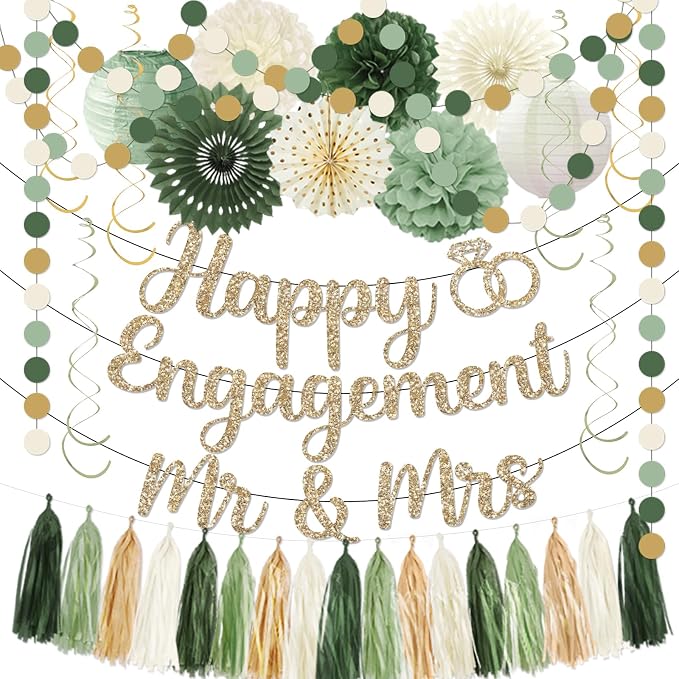 Engagement Party Decorations,Green Sage Congratulations Decorations includes Gold Glitter Happy Engagement Banner for Just Engaged Almost Married Party, Bachelorette Party Decorations