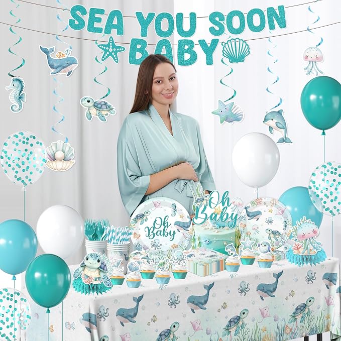 Sea You Soon Baby Shower Decorations Under The Sea Baby Shower Party Supplies Ocean Sea Animal Disposable Plates Napkins,Tablecloth,Cups,Balloon,Fork,Cake Toppers for Sea You Soon Theme Decor,Serve 24