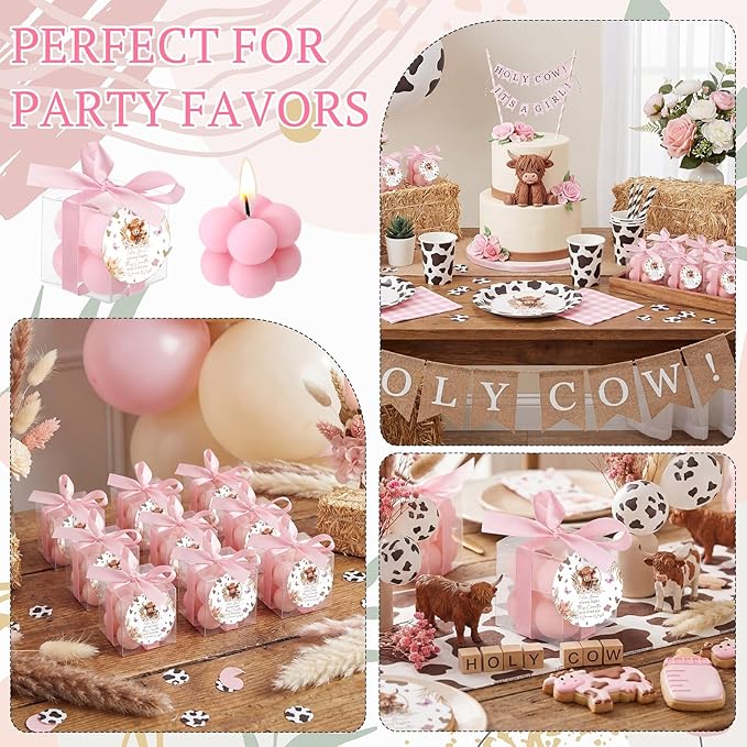 MTLEE 24 Sets Cow Baby Shower Favors Party Candle Small Bubble Candle Baby Shower Favors for Guests Tea Candles Bulk with Stylish Ribbons Cards Gifts(Pink, Cow)