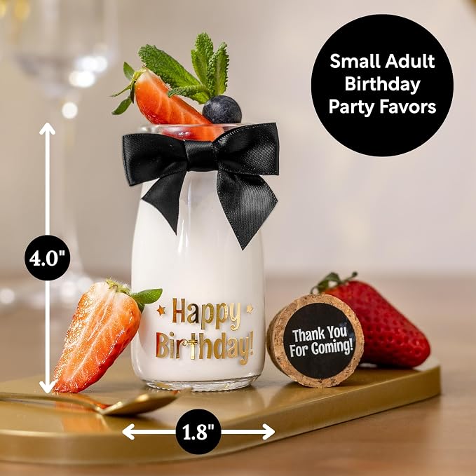 Ethisa Vintage 12 Pack Adult Birthday Party Favors Glass Bottles with Ribbons and Stickers - Classy Happy Birthday Favors and Table Centerpieces Decorations - Sturdy Candy Jar for Guests and Kids