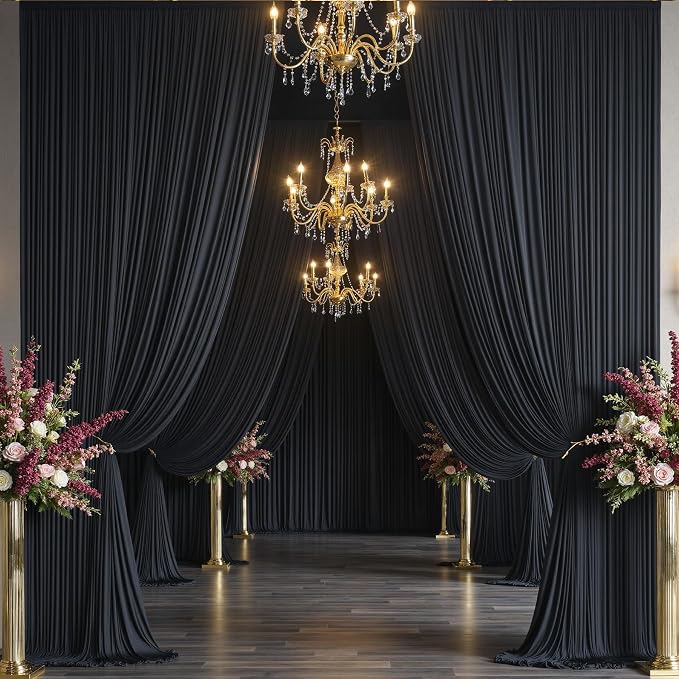 10x15 ft Black Backdrop Curtain Panels for Wedding Parties, Wrinkle Free Silky Polyester Photo Backdrop Drapes 2 Panels 15 ft Long Back Drop Cloth Drapety for Birthday Photography Background Curtain