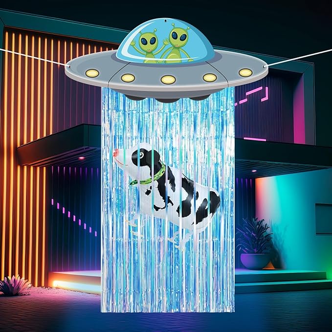 Alien Door Curtains with Tinsel Foil Fringe Curtain Cow Balloon Alien Spacecraft Party Decorations UFO Spacecraft Birthday Decorations Flying Saucer Spaceship Hanging Banner for Space Halloween Party